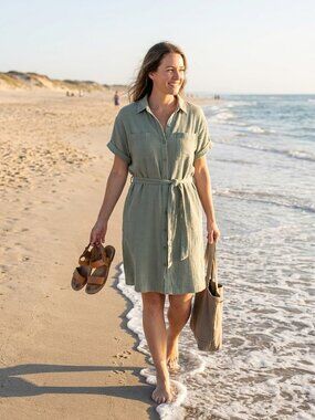 Linen Like Vintage Weatherproof Olive Green Button-Up Top